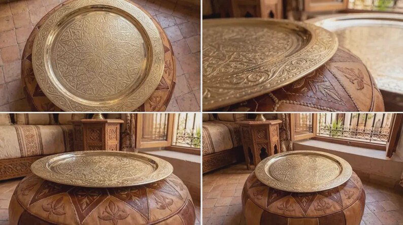 "Brass tray as a centerpiece on an outdoor patio table for summer dining."