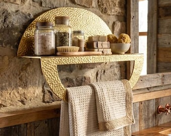 Hammered Brass Moon Shelf with Towel Bar – Boho Bathroom Organizer, Artisan Floating Shelf