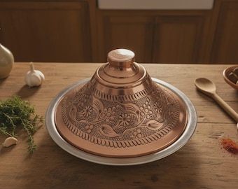 Olla de tajín de cobre martillado a mano, auténtica vajilla marroquí, recipiente de cocina revestido de estaño