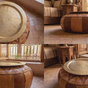 "Antique brass finish on a round 20-inch Moroccan serving tray."
