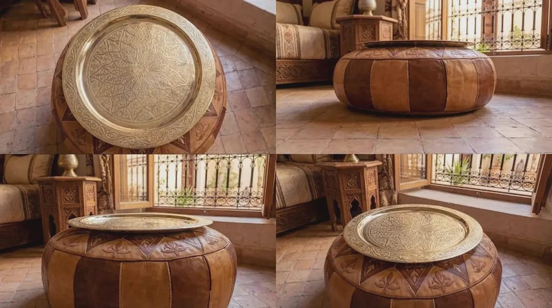 "Antique brass finish on a round 20-inch Moroccan serving tray."
