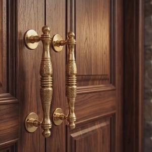 Può includere: Primo piano di una doppia porta in legno con maniglie in ottone ornate. La porta è di un ricco colore marrone con venature del legno visibili. Le maniglie presentano un design decorativo, aggiungendo un tocco di eleganza.