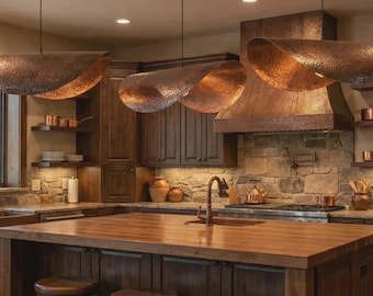 Hammered Copper Pendant Light, Modern Organic Wave Hanging Lamp,  Handcrafted Kitchen Island Lighting