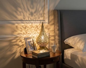Handmade Moroccan Brass Table Lamp - Intricate Boho Night Light for Ambient Bedroom Decor