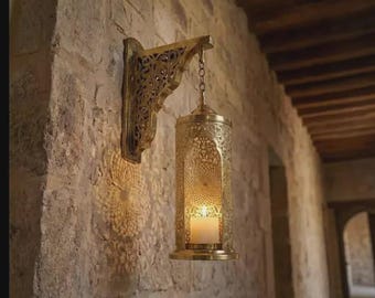 Moroccan Brass Wall Sconce, Antique Gold Wall Light for Boho Home Decor, Artisan Pierced Metal Hanging Candle Holder