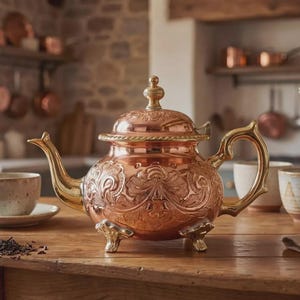 Peut inclure: Une théière en cuivre ornée de motifs floraux et d'accents dorés est posée sur une table en bois. Deux tasses à thé et une soucoupe sont à proximité, ainsi qu'un vase de fleurs. La théière a un couvercle décoratif et trois petits pieds.