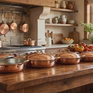 Puede incluir: Una cocina rústica con utensilios de cocina de cobre. Varias sartenes y ollas de cobre con tapas se exhiben en una encimera de madera. Ollas de cobre adicionales cuelgan sobre la estufa. La cocina tiene un ambiente cálido y acogedor.