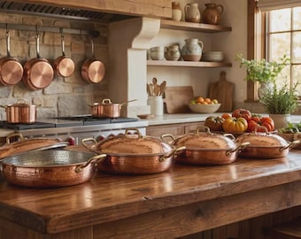 Juego de utensilios de cocina de cobre martillado hechos a mano con tapas, sartén rústica de cobre, ollas de cobre de calidad profesional para chefs.