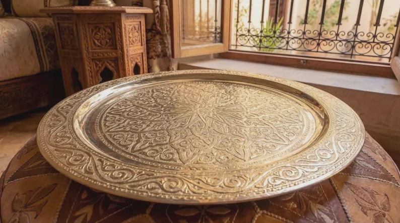 "The back of the brass tray showing the authentic artisan hammer marks."