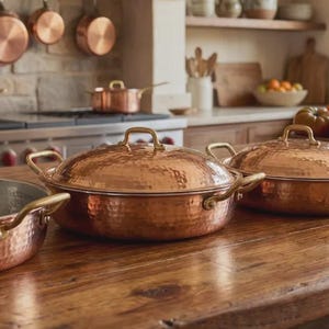 May include: Copper cookware set, including pans and lidded pots, arranged on a wooden surface. The kitchen backdrop includes hanging copper pans, a cooker, and fresh produce, creating a rustic, inviting kitchen scene.