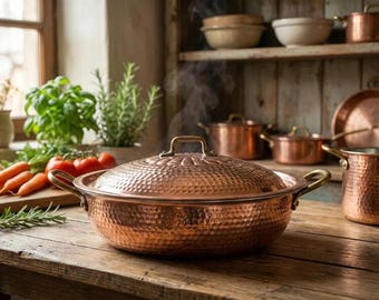 Pentola in rame martellato fatta a mano con coperchio - Pentole marocchine, manici in ottone