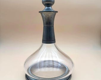 Glass Decanter with Pewter Mounts, Vintage Wine Carafe, Iberian Mid Century