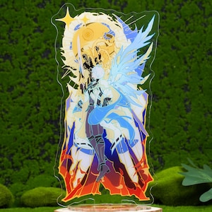 May include: A clear acrylic standee featuring a central figure with white hair and large blue wings, holding a sword. The artwork includes a yellow sun motif, red and orange flames at the base, and intricate blue and white line art details.