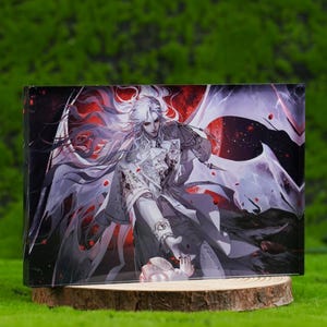 May include: A rectangular art print featuring a detailed illustration of a character with long white hair and flowing white and red garments. The artwork is set against a dark background with red accents, mounted on a wooden base.