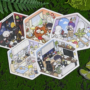 May include: Set of five house-shaped stickers featuring detailed illustrations of rooms with anime-style characters. Each sticker depicts a different room, including a kitchen, living room, and bedroom, with various objects and furniture. The stickers are colorful and have a cartoonish style.