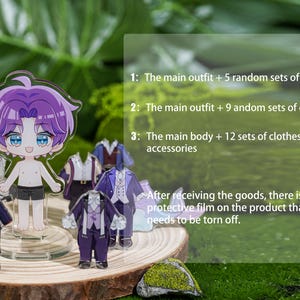 Peut inclure: Figurine en acrylique d'un personnage d'anime aux cheveux violets, avec plusieurs tenues. Le texte de l'image d&eacute;crit les variations : tenue principale avec 5 ensembles al&eacute;atoires, 9 ensembles et corps principal avec 12 ensembles. Un film protecteur est mentionn&eacute;.
