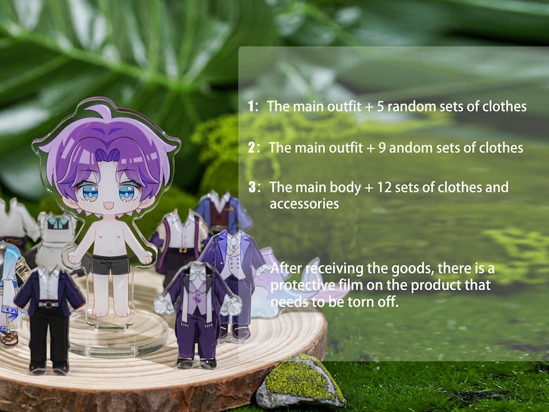 Peut inclure: Figurine en acrylique d'un personnage d'anime aux cheveux violets, avec plusieurs tenues. Le texte de l'image d&eacute;crit les variations : tenue principale avec 5 ensembles al&eacute;atoires, 9 ensembles et corps principal avec 12 ensembles. Un film protecteur est mentionn&eacute;.