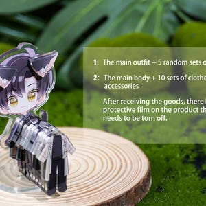May include: A clear acrylic figure of an anime-style character with black and pink cat ears, standing on a wooden slice. The figure has a detailed outfit and is on a clear stand. Text on the right describes the product.