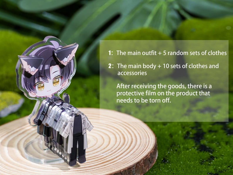 May include: A clear acrylic figure of an anime-style character with black and pink cat ears, standing on a wooden slice. The figure has a detailed outfit and is on a clear stand. Text on the right describes the product.
