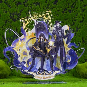 May include: Acrylic stand featuring two anime-style figures in dark attire, set against a backdrop of celestial and architectural elements. The figures are depicted with intricate details, and the stand has a clear base.