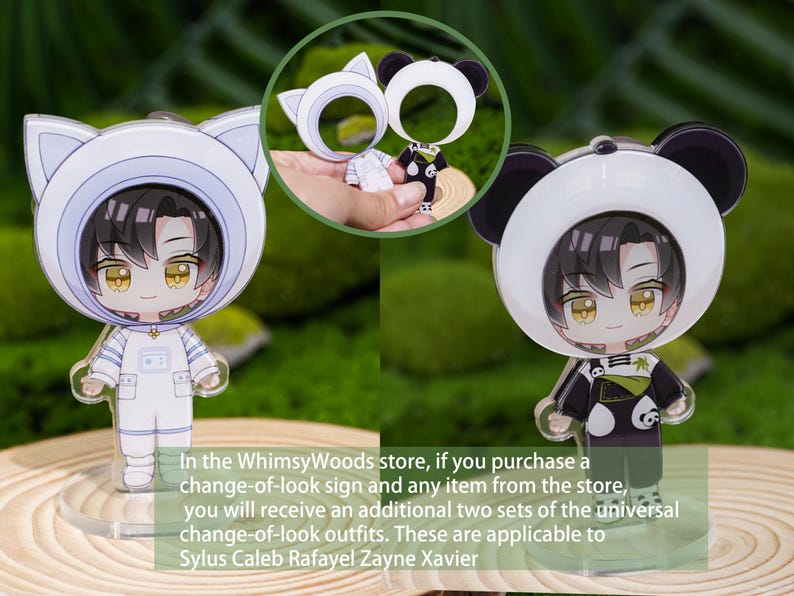 May include: Two acrylic figurines of a character in different outfits: a white cat-themed astronaut suit and a black and white panda suit. The figurines are on clear stands, with a small inset image of the outfits as keychains.