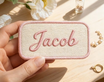 Toppa personalizzata con nome ricamato in corsivo, etichetta con nome da stirare