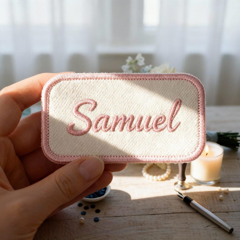 Pu&ograve; includere: Una toppa rettangolare con il nome "Samuel" ricamato in rosa con scrittura corsiva. La toppa ha uno sfondo color crema con un bordo rosa. La toppa &egrave; tenuta in una mano.