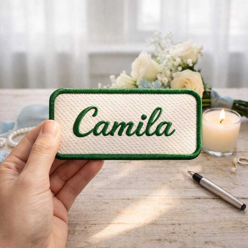 Pu&ograve; includere: Una toppa rettangolare con il nome "Camila" ricamato in verde su sfondo color crema. La toppa ha un bordo verde. &Egrave; tenuta in mano, con un bouquet di rose bianche e una candela accesa sullo sfondo.