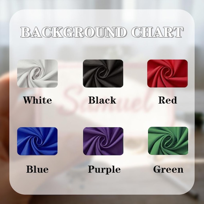 Pu&ograve; includere: Un grafico di sfondo che mostra campioni di tessuto in bianco, nero, rosso, blu, viola e verde. Ogni campione &egrave; un quadrato con un motivo di tessuto a vortice e il nome del colore &egrave; scritto sotto.