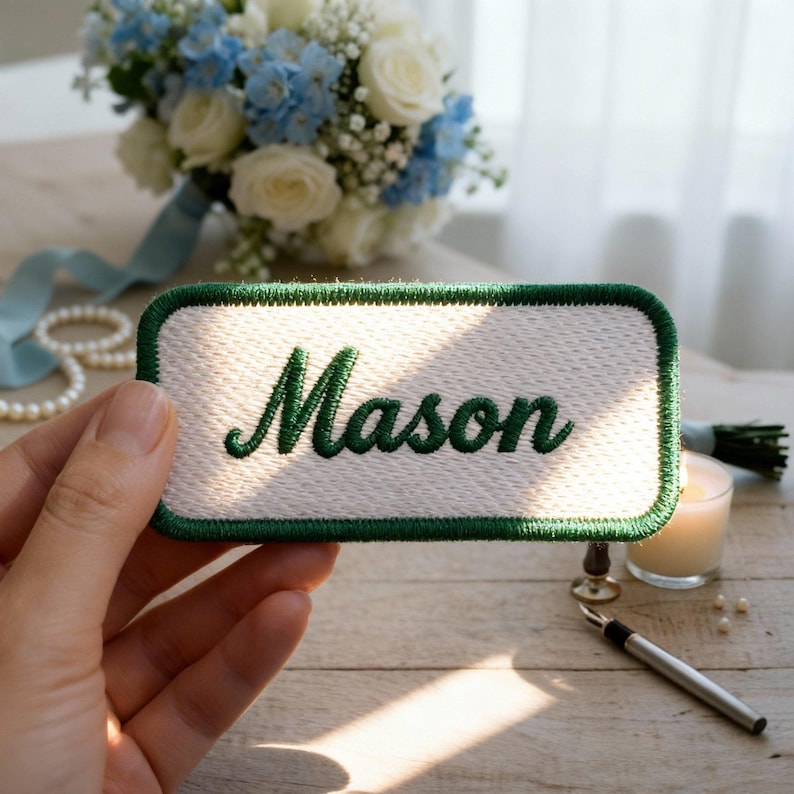 Pu&ograve; includere: Una toppa rettangolare bianca con un bordo verde e il nome "Mason" ricamato in corsivo verde. La toppa &egrave; tenuta in mano, con un bouquet di fiori bianchi e blu sullo sfondo.