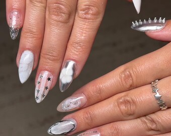Press-On Nails Mix and Match  – Silver Chrome, 3D Charms, Stars, Abstract Faces & More | Custom Funky Nail Art Set