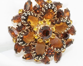 Vintage Brooch Large Dark Amber Rhinestones