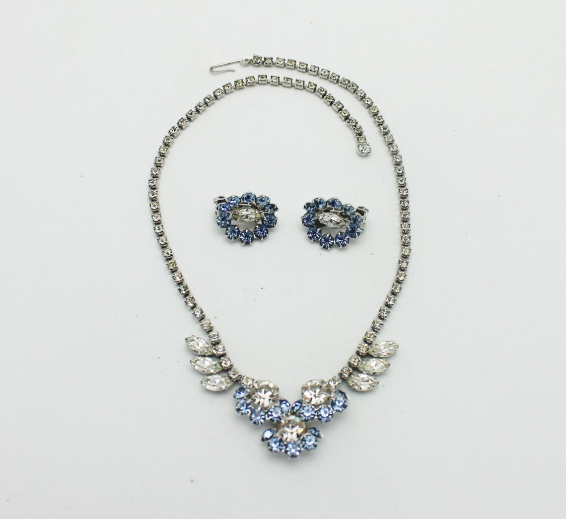 Vintage Necklace Set Baby Blue and Clear Rhinestones Etsy