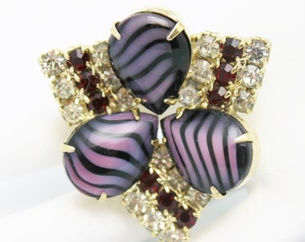Art Glass and Vintage Rhinestone Purple Clear and Red Brooch