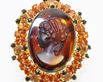 Juliana Cameo Topaz and Gold Rhinestone Brooch