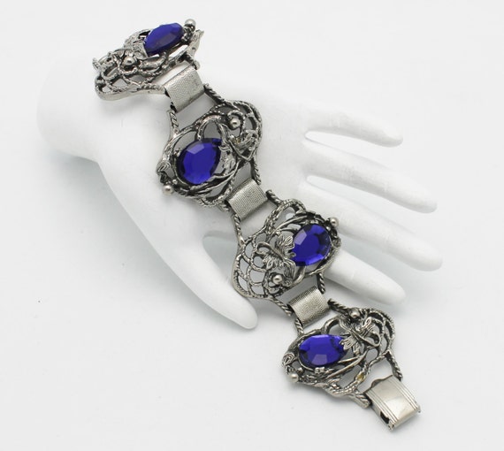 Deco Style Vintage Blue and Silvertone Bracelet - image 2