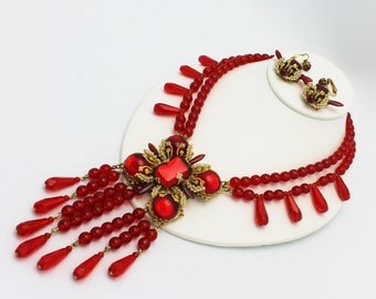 Stanley Hagler NYC Red Beads Seed Pearls Necklace and Earrings