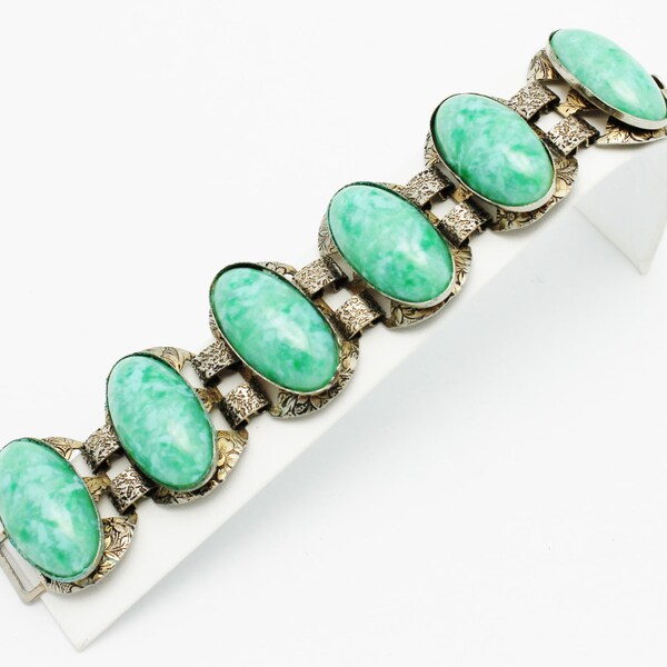 Vintage Bracelet Faux Jade Silvertone Metal