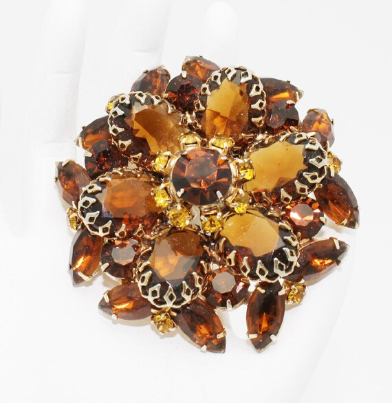 Vintage Brooch Large Dark Amber Rhinestones - image 2