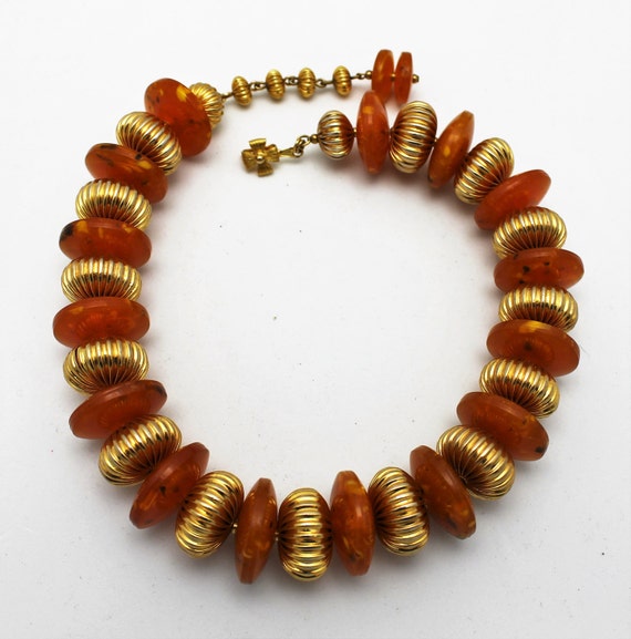 Vintage Necklace Faux Amber and Gold Beads - image 2