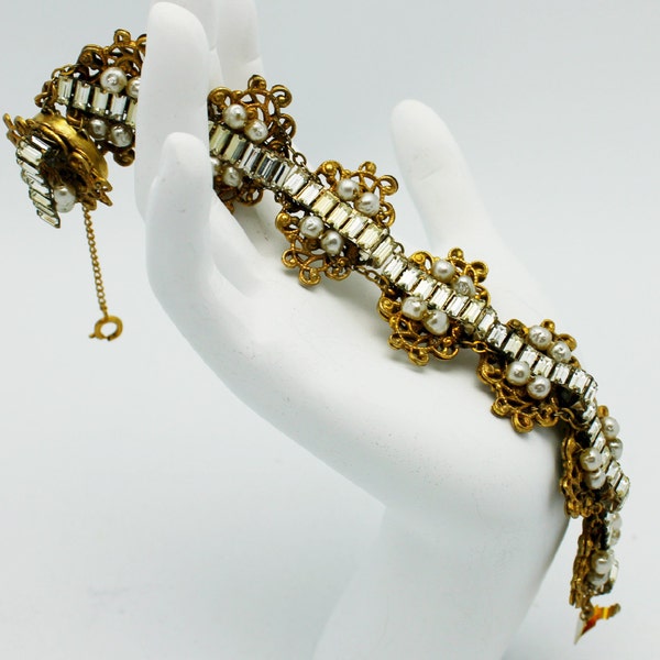 Vintage Miriam Haskell Bracelet Rhinestones Pearls Filagree