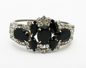 Classic Vintage D & E Clamper Bracelet Black and Clear Rhinestones