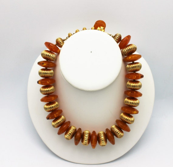 Vintage Necklace Faux Amber and Gold Beads - image 1