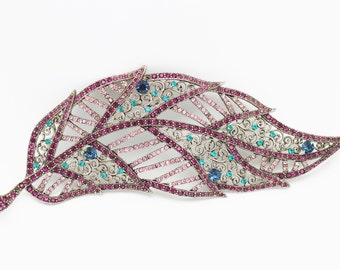 Deco Style Very Large Leaf Shaped Rhinestone Brooch