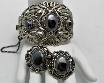 Vintage Cuff Bracelet Clip Earring Set Silver Metal and Black Stones