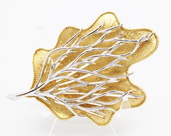 Vintage Coro Leaf Brooch Goldtone with Silvertone Detail