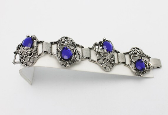 Deco Style Vintage Blue and Silvertone Bracelet - image 5