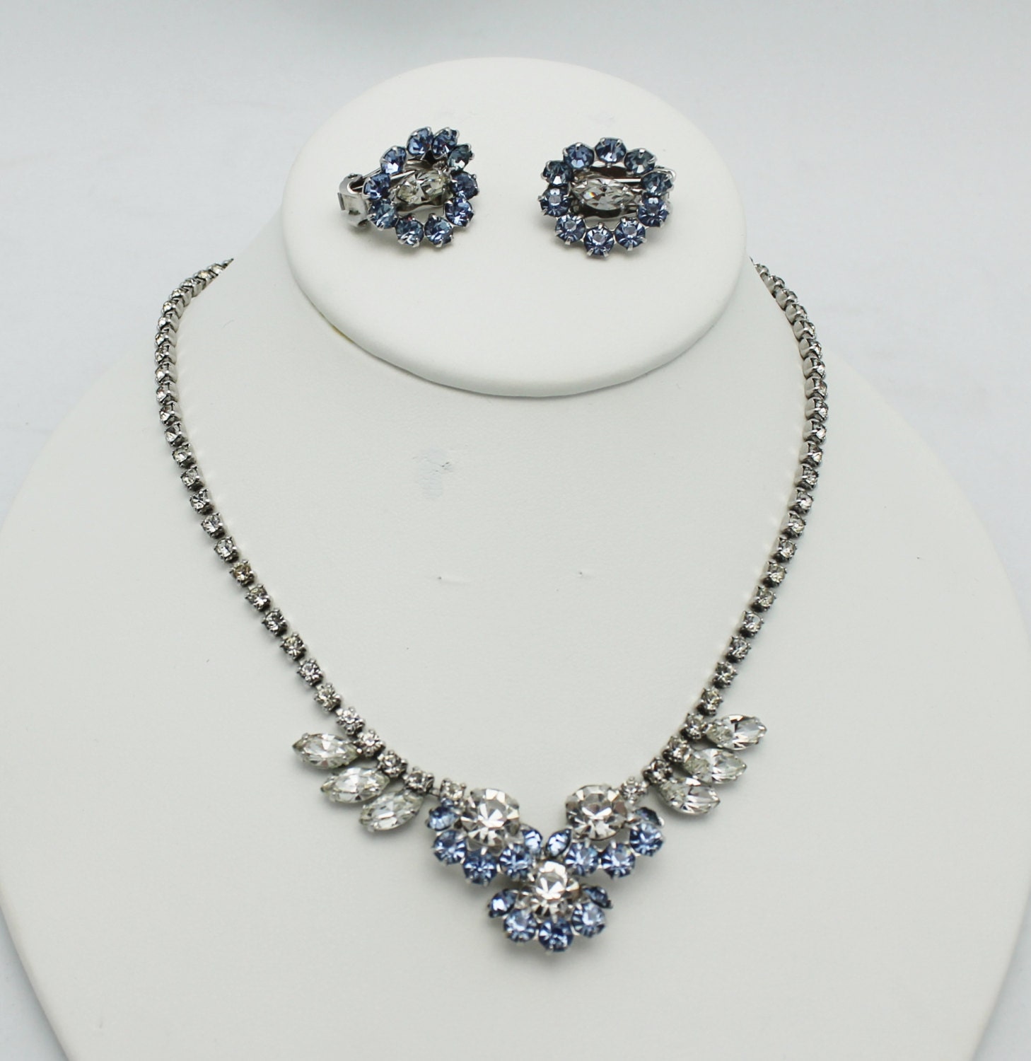Vintage Necklace Set Baby Blue and Clear Rhinestones Etsy