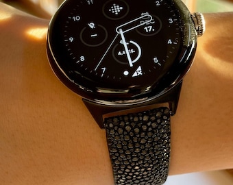 For Google Pixel Watch Band STINGRAY – black – stainless steel and stingray leather – hypoallergenic