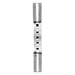 May include: A silver-toned bracelet with a geometric design. The bracelet features a series of rectangular links connected by smaller, square-shaped links. The ends of the bracelet have a textured, woven pattern. The bracelet is displayed against a white background.